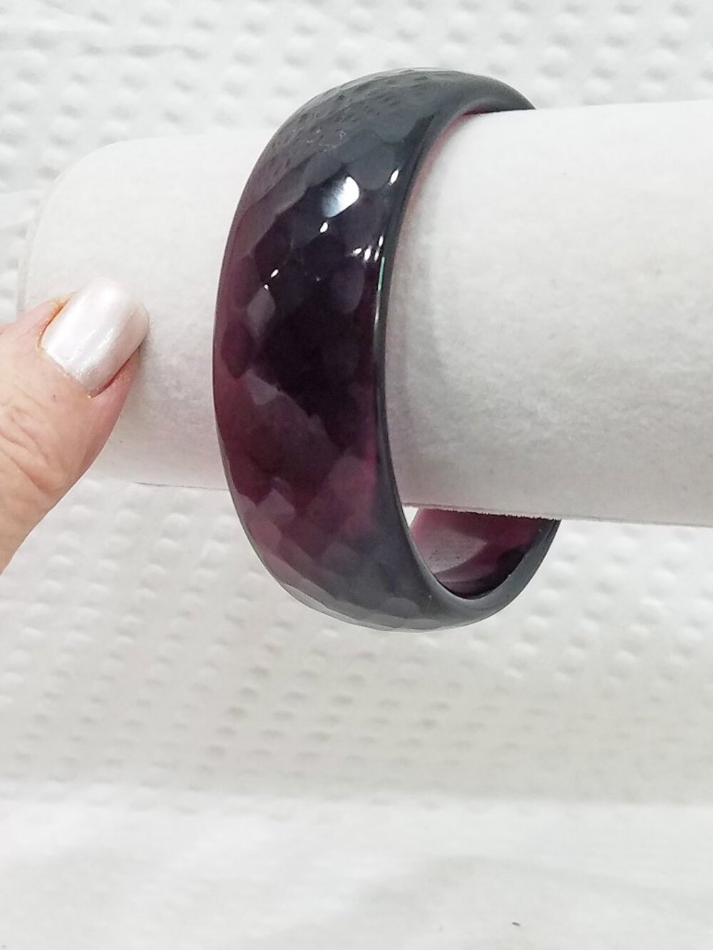 Vintage Boho Eggplant Purple Faceted Glass Crystal 1" Wide Bangle Bracelet